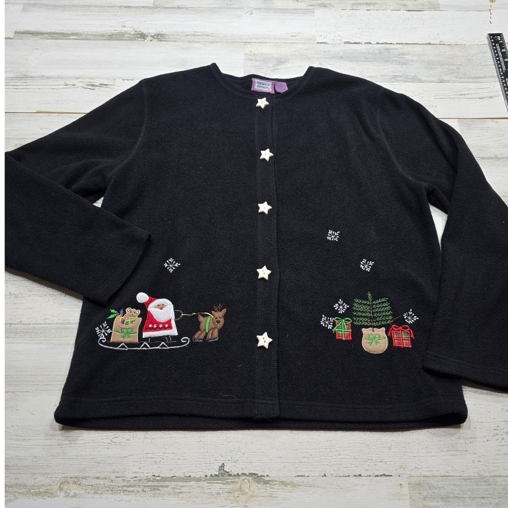 Premier International Womens Black Fleece Christmas Cardigan Santa Reindeer L